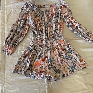Free People Womens SM Floral Romper Off Shoulder Boho Smocked Waist Long Sleeve